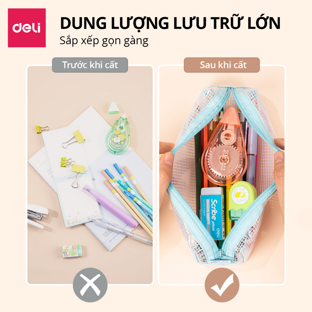 Túi Đựng Bút, Bóp Viết Lưới Trong Pastel Deli - Hộp Chữ Nhật/ Tam Giác - Chống Nước, Sức Chứa Lớn, Túi Mỹ Phẩm Học Sinh