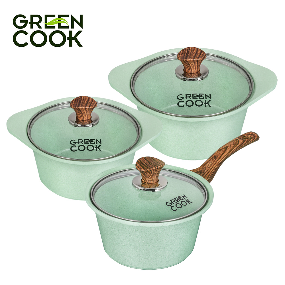 Bộ 3 nồi đúc men đá xanh ngọc 18 cm, 20 cm và 24 cm Green Cook GCS05 công nghệ Hàn Quốc