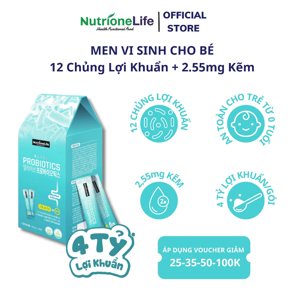 Combo 2 Gói Men Vi Sinh NUTRIONELIFE Alive Probiotics Hệ Tiêu Hóa Khỏe Mạnh, Cải Thiện Biếng Ăn, Tăng Hấp Thu 2g x 2 Gói