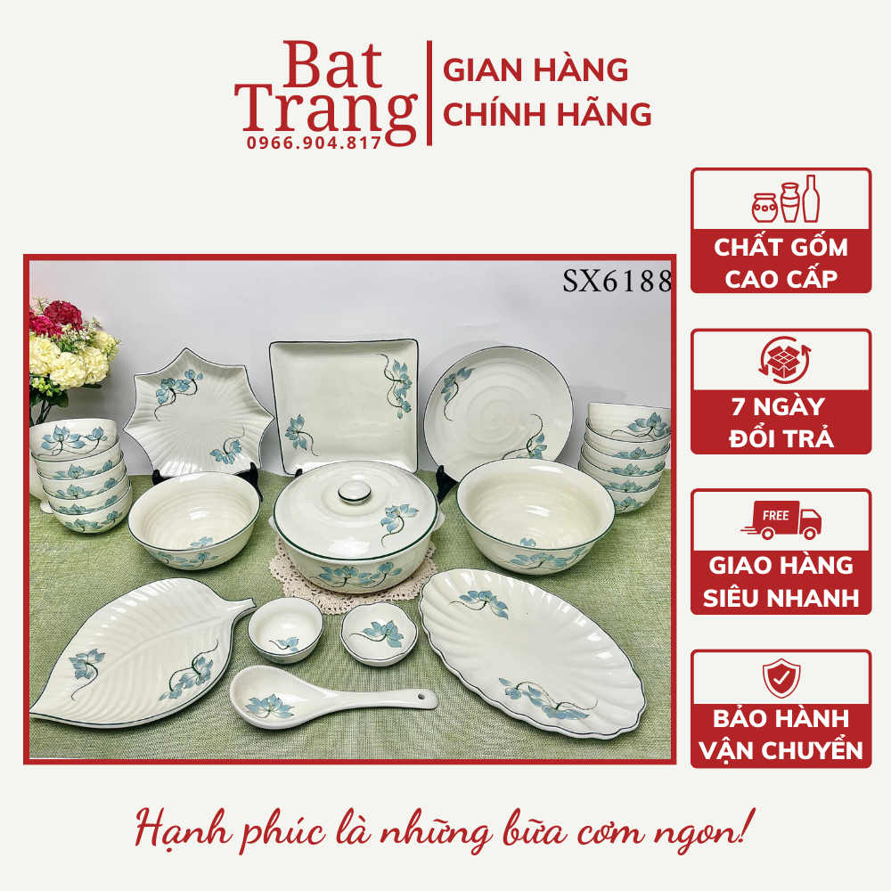 Bộ bát đĩa men kem Bát Tràng, bộ bát ăn cơm gia đình sang trọng cao cấp vẻ tay sen xanh