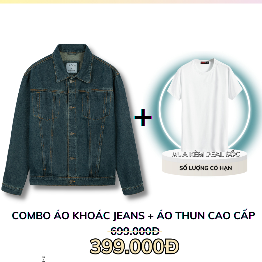 Combo Lados-7101 áo khoác jean 2078 cao cấp và áo thun 9021 màu trắng 100% cotton thoáng mát