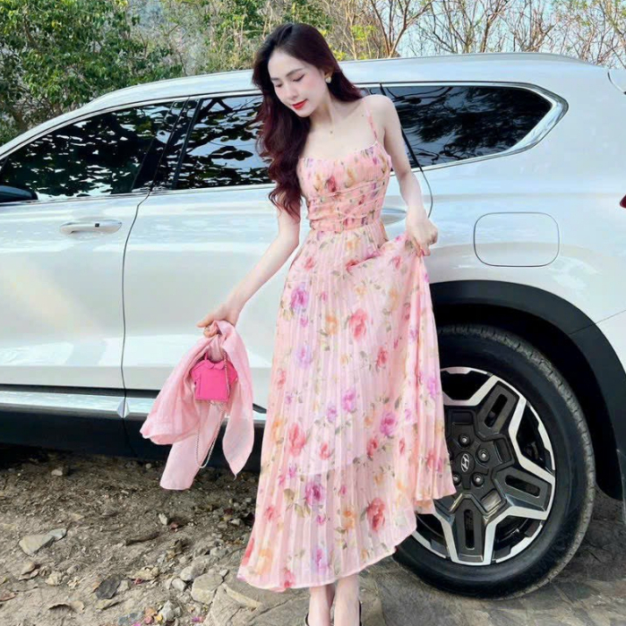 Đầm voan dài hai dây dập ly kèm áo khoác hai màu đầm hồng xanh trẻ trung chất voan xịn dày dặn kiểu đầm dự tiệc đi chơi
