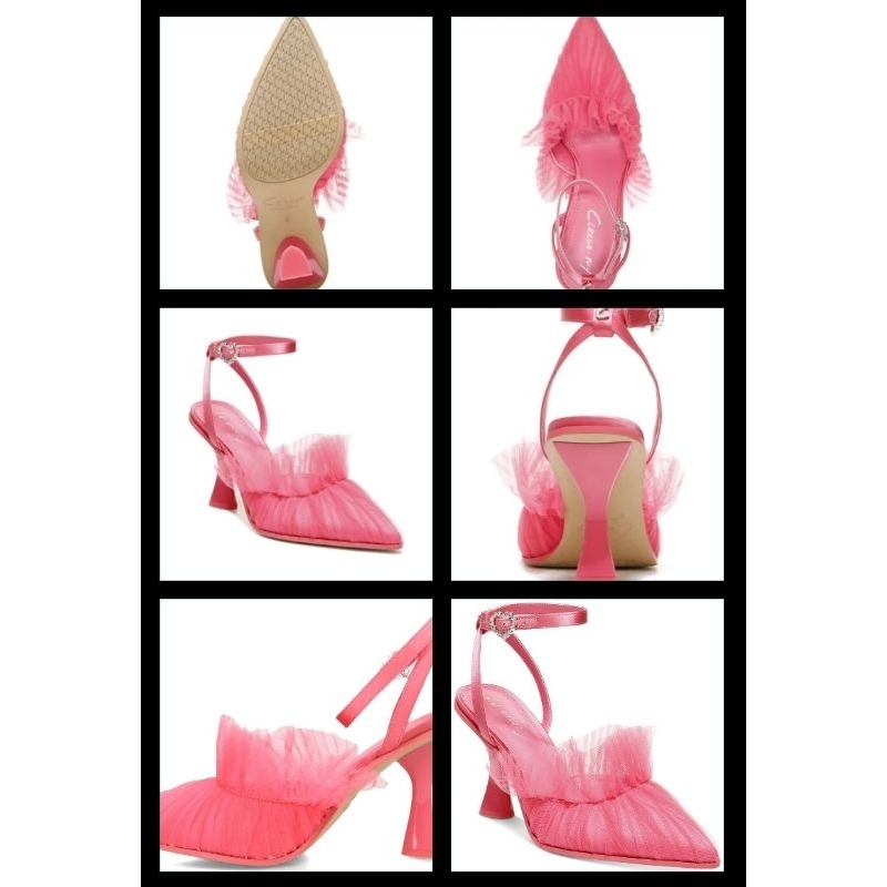 Giày cao gót CIRCUS Sam Elderman hồng sen voan lưới phối satin gót tam giác 7cm size 37