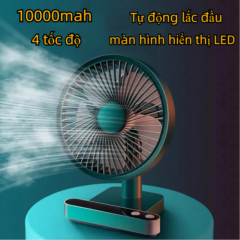 Quạt tích điện pin 10000mAh xoay tự động 180 độ quạt mini 4 tốc độ gió chạy êm hiển thị LED