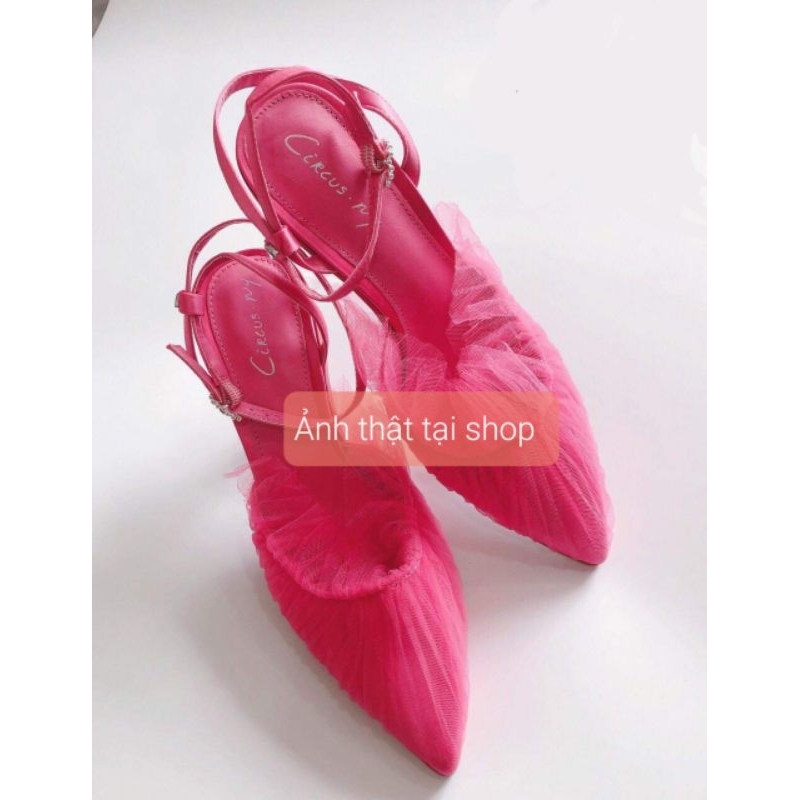 Giày cao gót CIRCUS Sam Elderman hồng sen voan lưới phối satin gót tam giác 7cm size 37