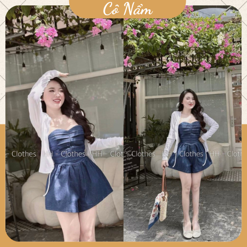 Jumpsuit Nữ Jum Bò 2 Dây Chun Ngực Dáng Ngắn Mix Áo Caridgan Tăm MỎng Dài Tay Tiểu Thư Siêu Xinh