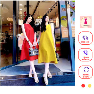 Váy lụa cổ yếm dáng suông rộng freesize 2 màu đỏ - vàng