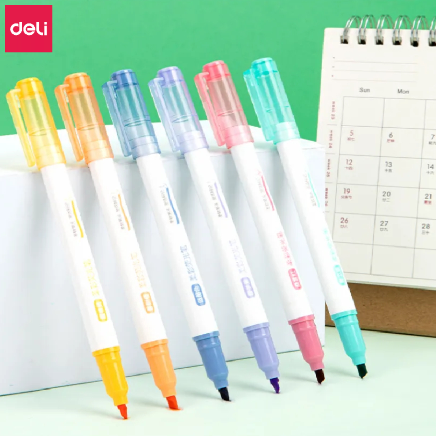 Set 6 bút highlight dạng bấm nhớ dòng đánh dấu màu pastel tươi sáng cute Deli dạ quang tiện lợi cho học sinh văn phòng