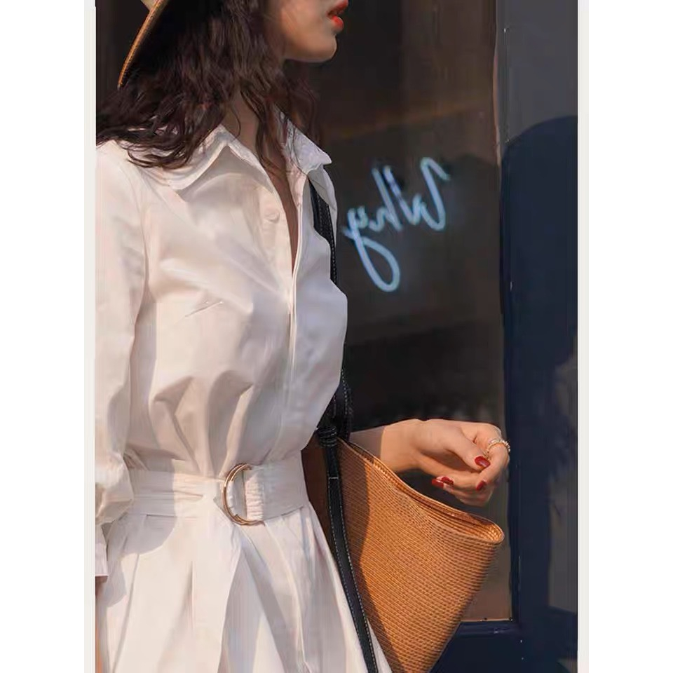 Váy sơ mi dáng dài tay lỡ 37-75kg 2 lớp, giấu cúc  + Đai  kiểu dáng  sang trọng chất liệu thô nến co giãn ít nhăn