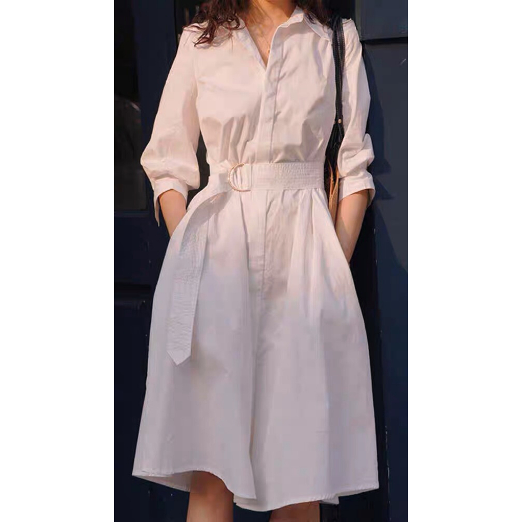 Váy sơ mi dáng dài tay lỡ 37-75kg 2 lớp, giấu cúc  + Đai  kiểu dáng  sang trọng chất liệu thô nến co giãn ít nhăn