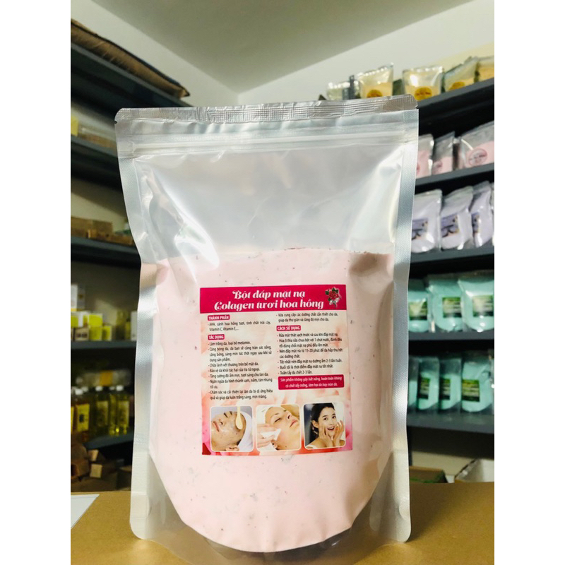 Gói 1000gr Mặt Nạ Collagen Hoa Hồng Cánh Trắng Da Nguyên Chất Handmade