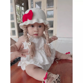 Mũ len gắn tóc giả cho bé gái - mũ len handmade