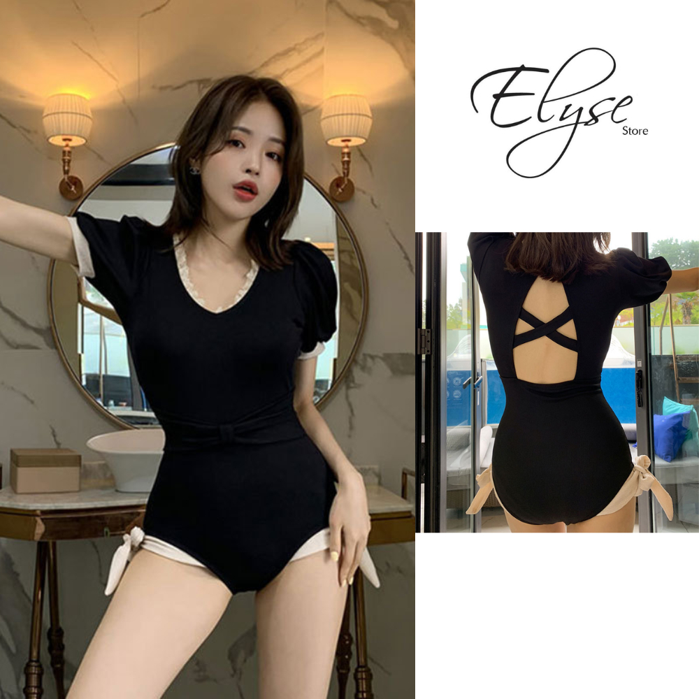 Bikini đi biển liền thân bộ bikini kín đáo màu đen 1 mảnh viền trắng thắt nơ eo mẫu mới cao cấp 2023