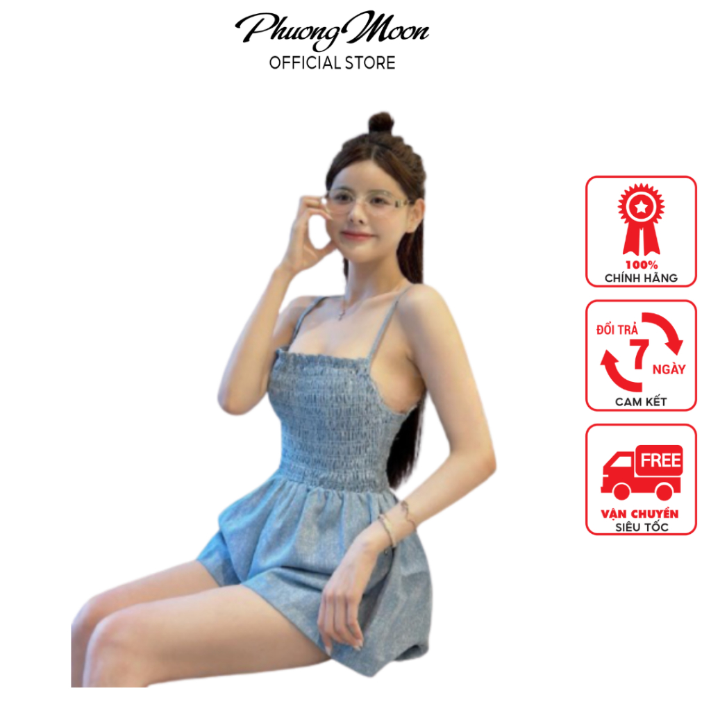 Váy nữ đi biển mùa hè PHUONGMOON, thiết kế playsuits hai dây xinh xắn | BigBuy360 - bigbuy360.vn