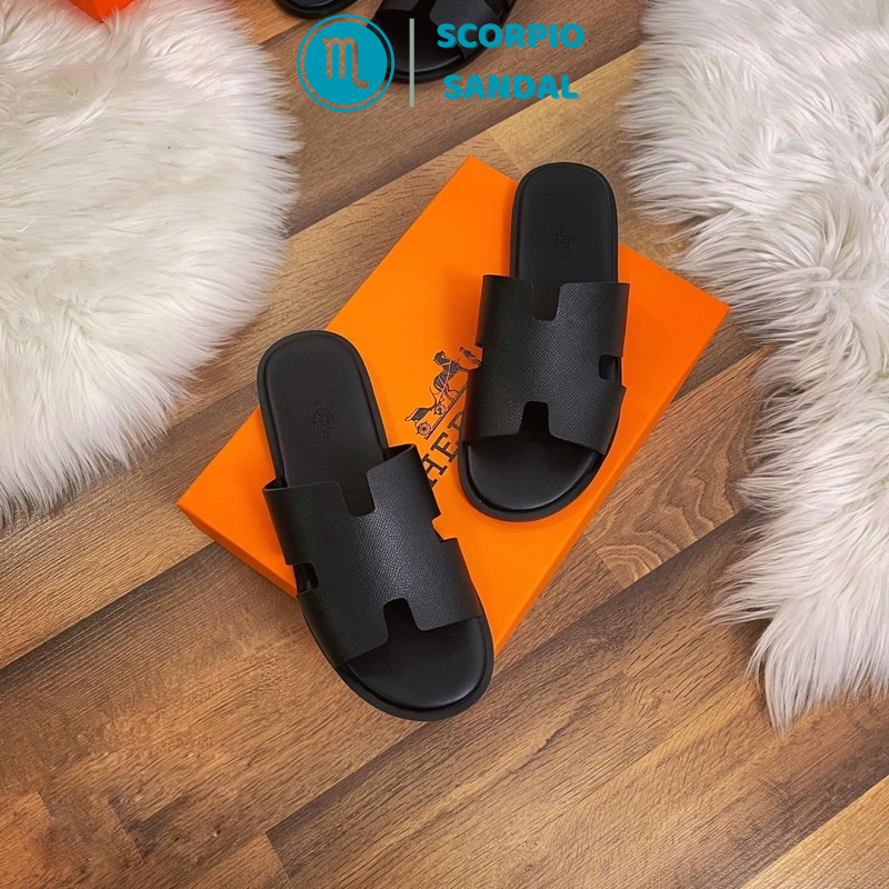 Dép Da Thời Trang Nam Quai Ngang Chữ H Cực Chất, CHAGO HERMES Sandal Màu Đen Đế Cao Su Full Box Size Từ 38 Đến 43