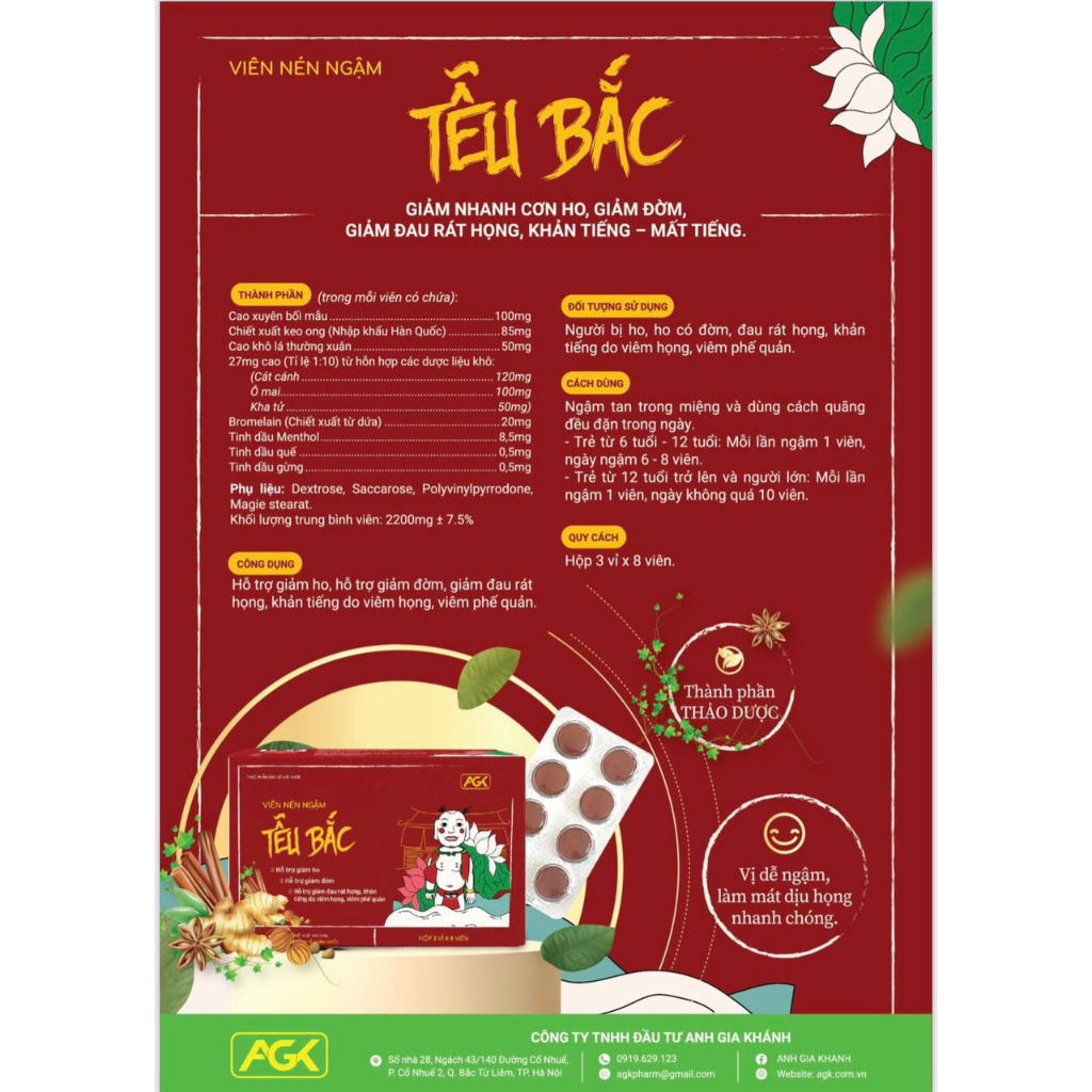 Viên ngậm ho Tễu Bắc- Chiết xuất keo ong Hàn Quốc hỗ trợ giảm ho khan, ho đờm, đau rát họng, khản tiếng Hộp 24 viên