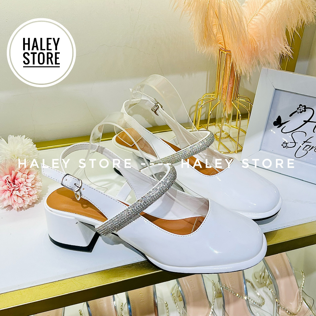 Giày búp bê marry jane gót vuông 5cm HALEY STORE quai ngang đính đá xoàn tiểu thư công chúa cổ điển 