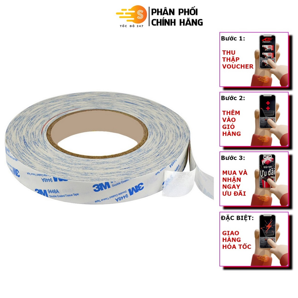 BĂNG KEO 2 MẶT CHỊU NHIỆT DÁN LINH KIỆN ĐIỆN TỬ 3M KHỔ 12MM X 50M 9448A-12
