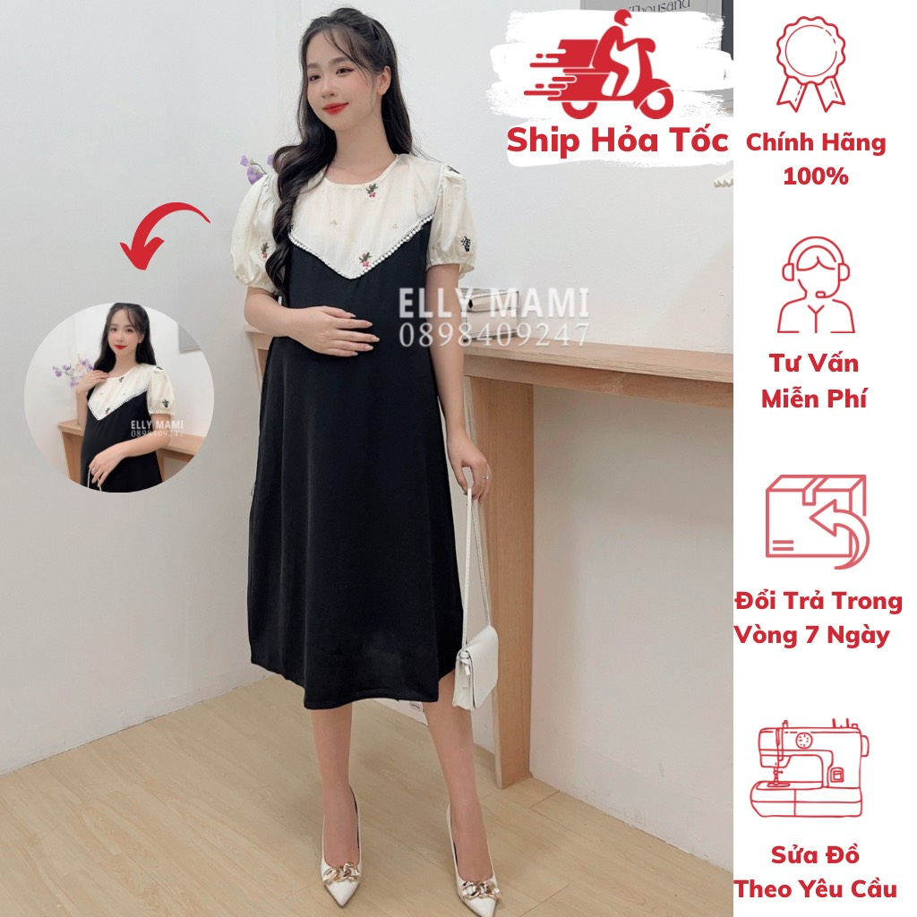 ( 40kg - 110kg ) Đầm Bầu , Suông Cổ Kem Hoa Thêu Tay Phồng Form Dễ Mặc Thoải Mái Suốt Thai Kì & Sau Sinh Thiết Kế