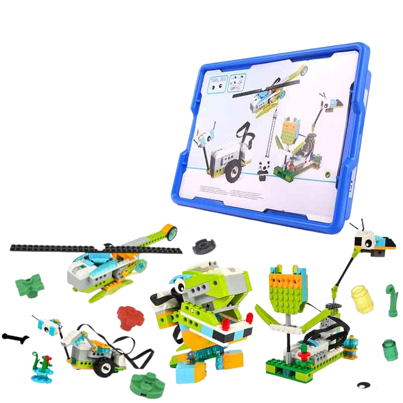 Bộ Lego Education Wedo 2.0 chuẩn set gồm 280 chi tiết, bao gồm động cơ, bánh răng và các chi tiết khung gầm giúp bé sáng