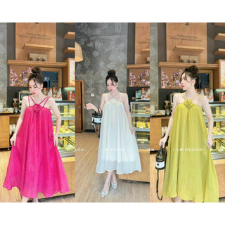 Đầm babydoll chéo dây phối voan 2 lớp mix bông hoa trước ngực dáng xòe siêu đáng yêu