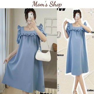 Đầm bầu cổ vuông phối bèo vải mềm mịn thoải mái - Mom's Shop - Váy bầu dáng suông rộng rãi dưới 70kg - ẢNH THẬT