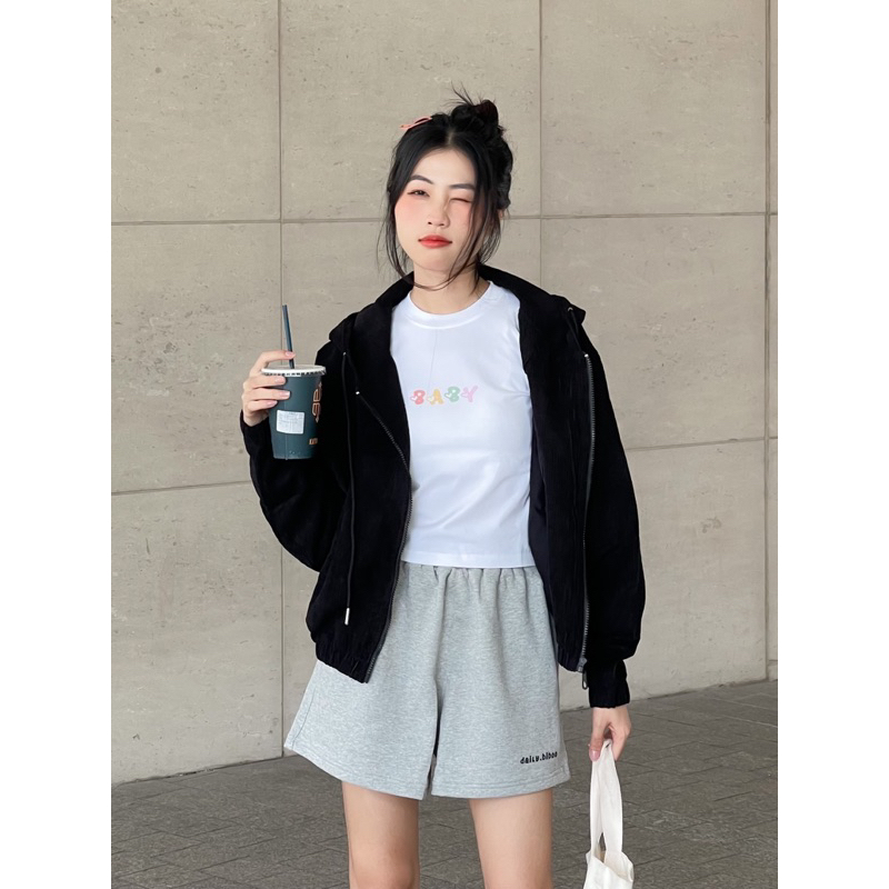 BIBOO - Áo khoác Hoodie Zip form dáng lửng chất liệu nhung tăm cao cấp