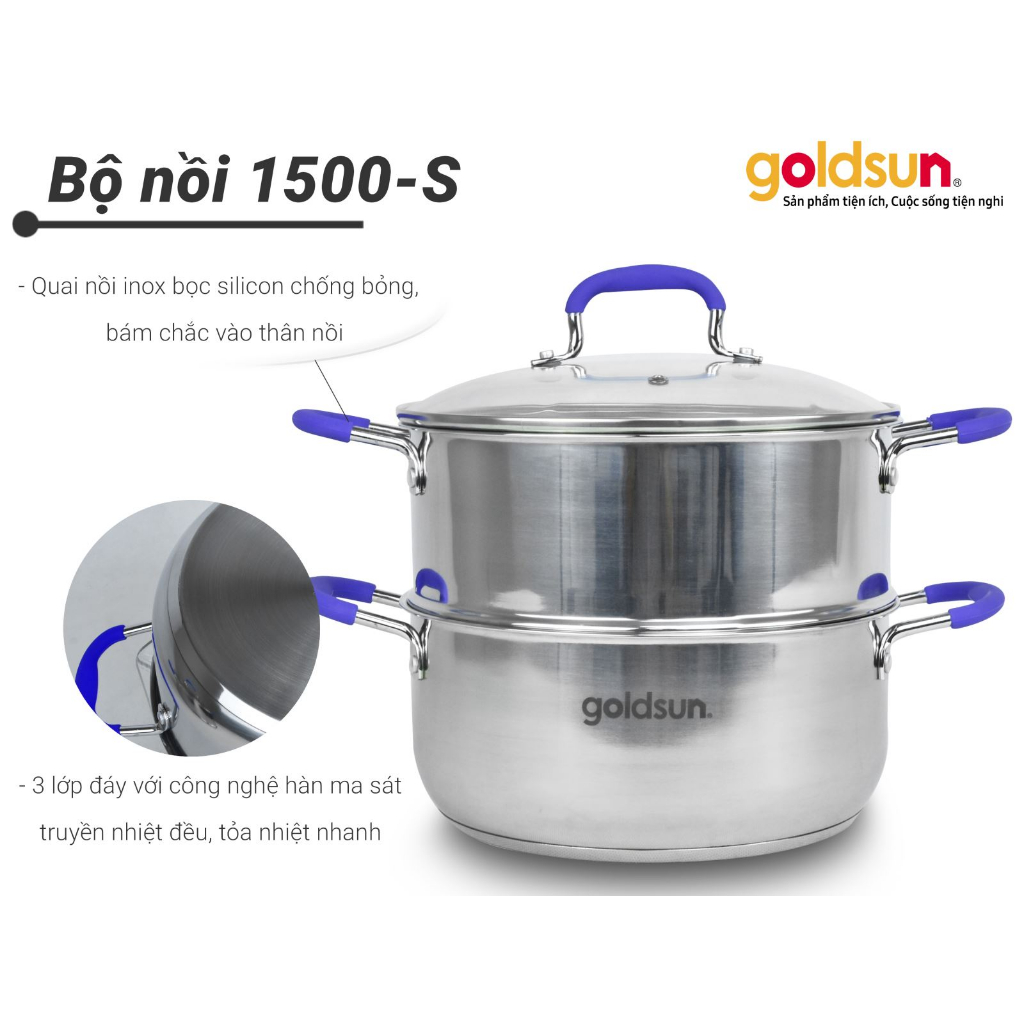 Bộ nồi xửng hấp inox Goldsun GPS1500S cao cấp đáy từ vung kính, dùng cho mọi loại bếp