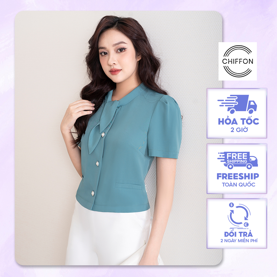 Áo ký giả cổ nơ vắt cúc ngọc Chiffon