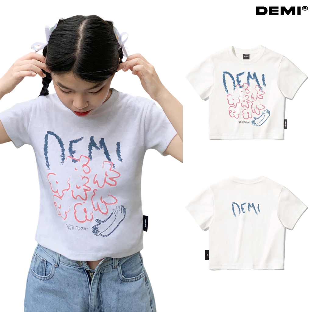 Áo thun baby tee local brand nữ, hoạ tiết hình in độc đáo màu trắng DEMI | DE-T47