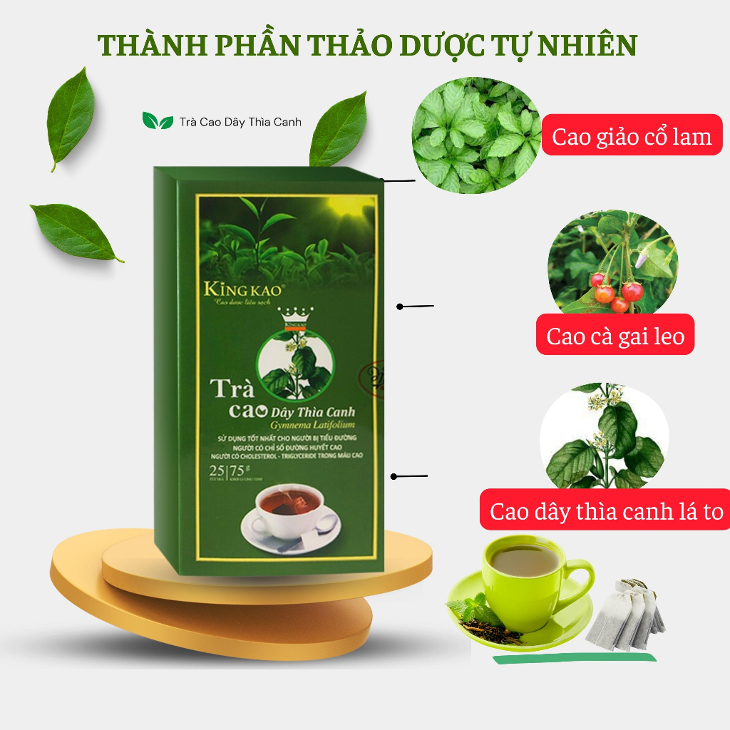 Trà túi lọc dây thìa canh Kingkao tẩm thêm cao gà gai leo cao giảo cổ lam tốt cho tiểu đường huyết áp mỡ máu gan thận