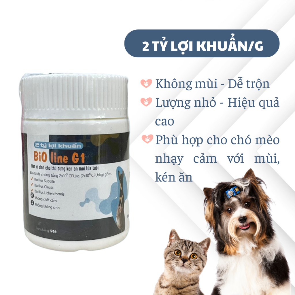 Men vi sinh BIOLINE G1 chó mèo giảm tiêu chảy, táo bón, biếng ăn, tắc búi lông, hôi phân 50gr phù thủy mèo