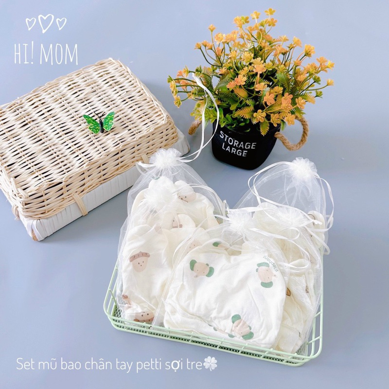 Set Bao Tay, Bao Chân, Mũ Pettit- chất mềm mát cho bé sơ sinh ( mẫu túi lưới)