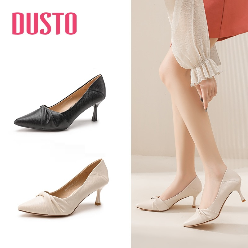Giày cao gót Dusto da mềm, mũi viền nơ, gót nhọn 6.5cm