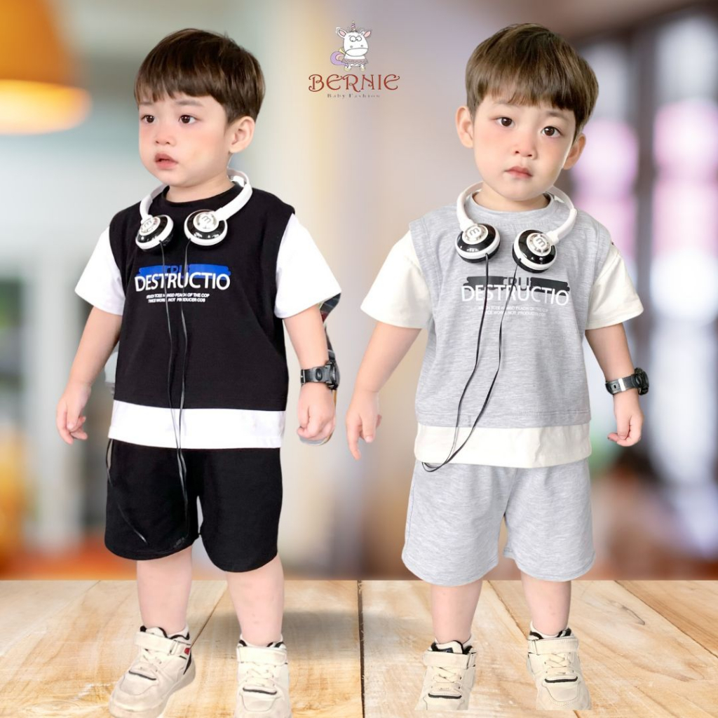 Set bé trai hiphop basic unisex phong cách hàn quốc thun cotton màu đen màu ghi 1 đến 7 tuổi BERNIE