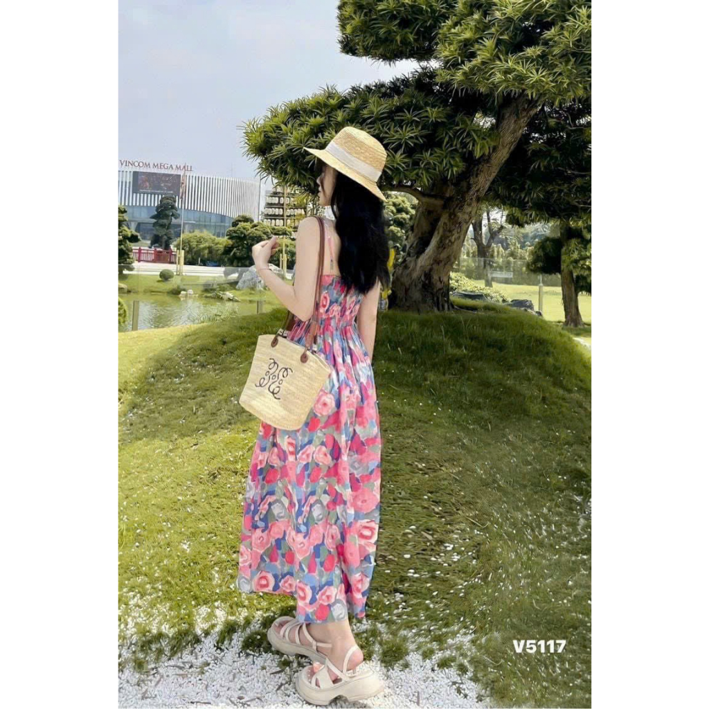 Đầm lụa hoa in 3D, Đầm 2 dây hoa nhún eo dáng xòe tiểu thư sang chảnh xinh đẹp