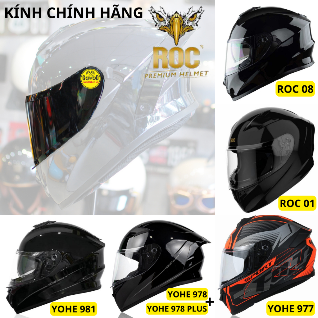 Kính thay Mũ bảo hiểm Fullface ROC 03 NEW/ ROC 08/ ROC 01/ YOHE 977/ YOHE 981/YOHE 978/YOHE 978 PLUS
