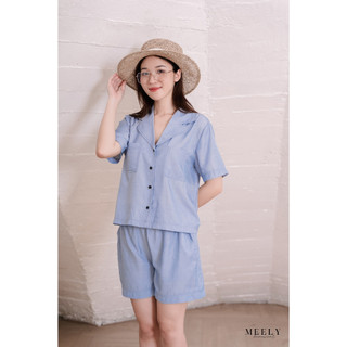 Set bộ áo cổ pijama quần cộc viền chỉ nổi chất liệu bò giấy màu xanh dương vừa mặc ở nhà vừa ra ngoài được - MEELY