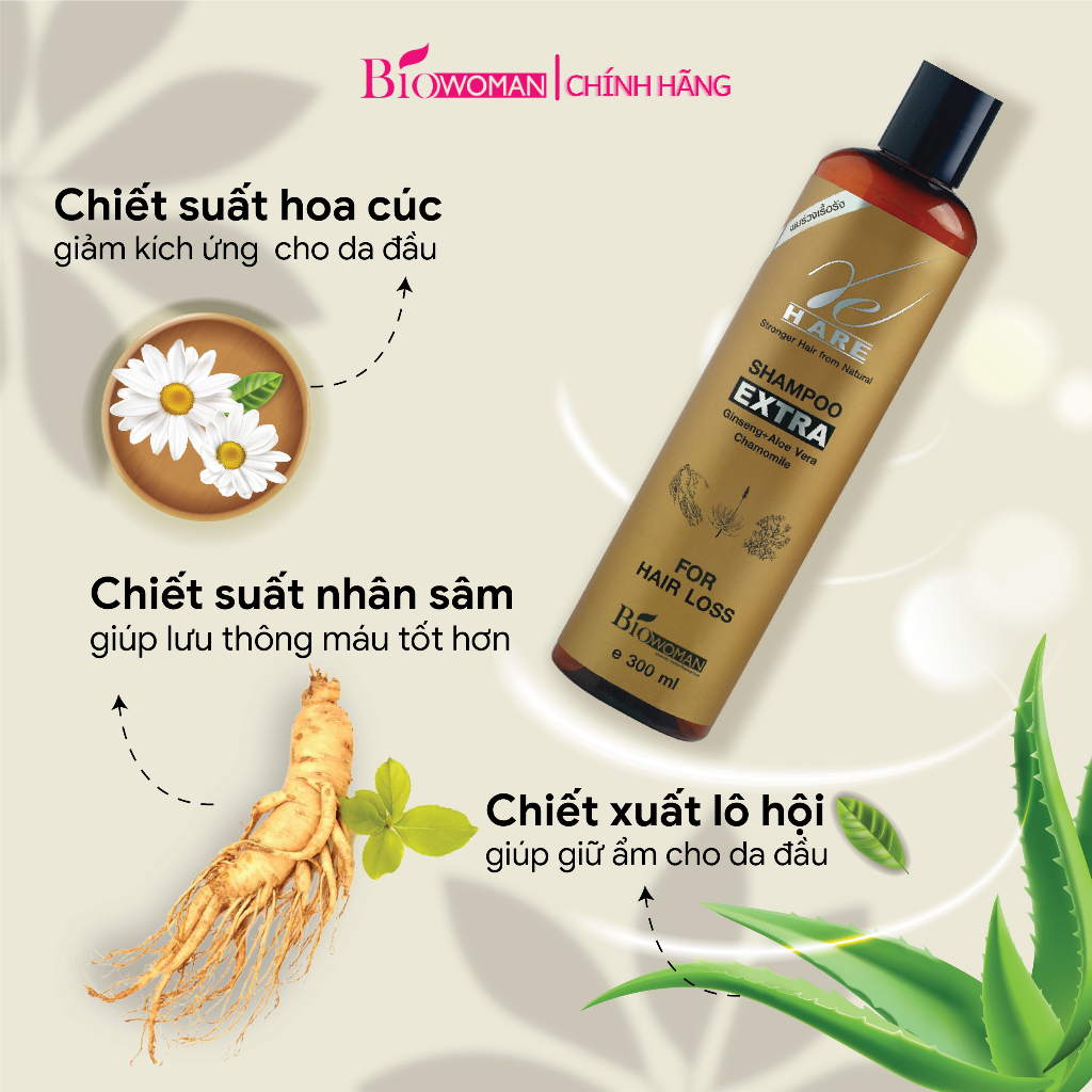 Dầu gội thảo dược Biowoman Shampoo Extra chiết suất nhân sâm giúp đen tóc ngăn ngừa rụng tóc 300ml