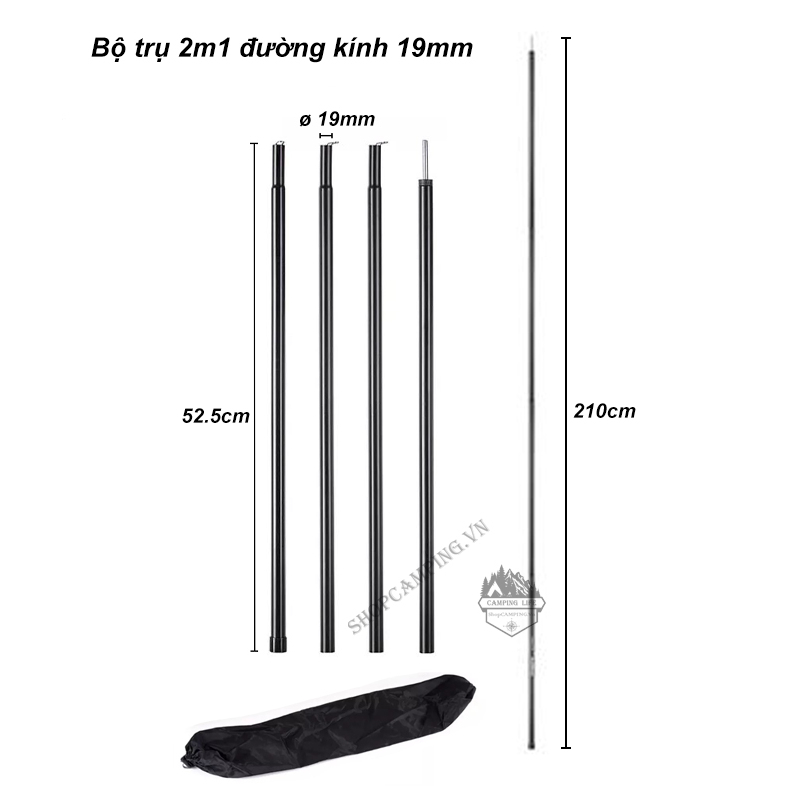 Bộ trụ 2 cây chống tăng lều phi 16mm,19mm, 25mm kèm túi đựng cắm trại dã ngoại - Camping VietNam