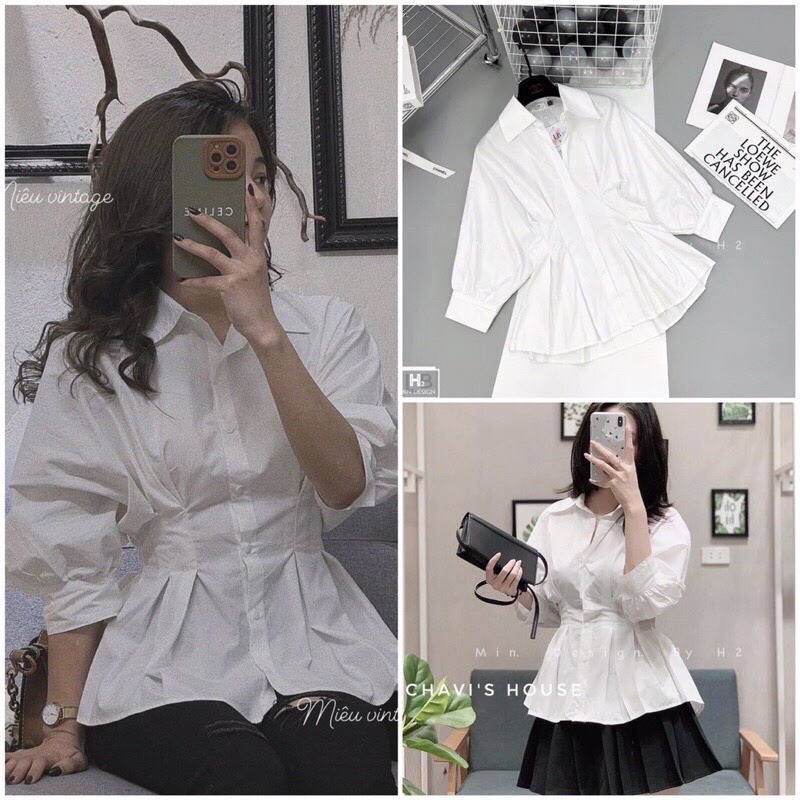 Áo sơ mi trắng công sở nhúm eo dáng xoè