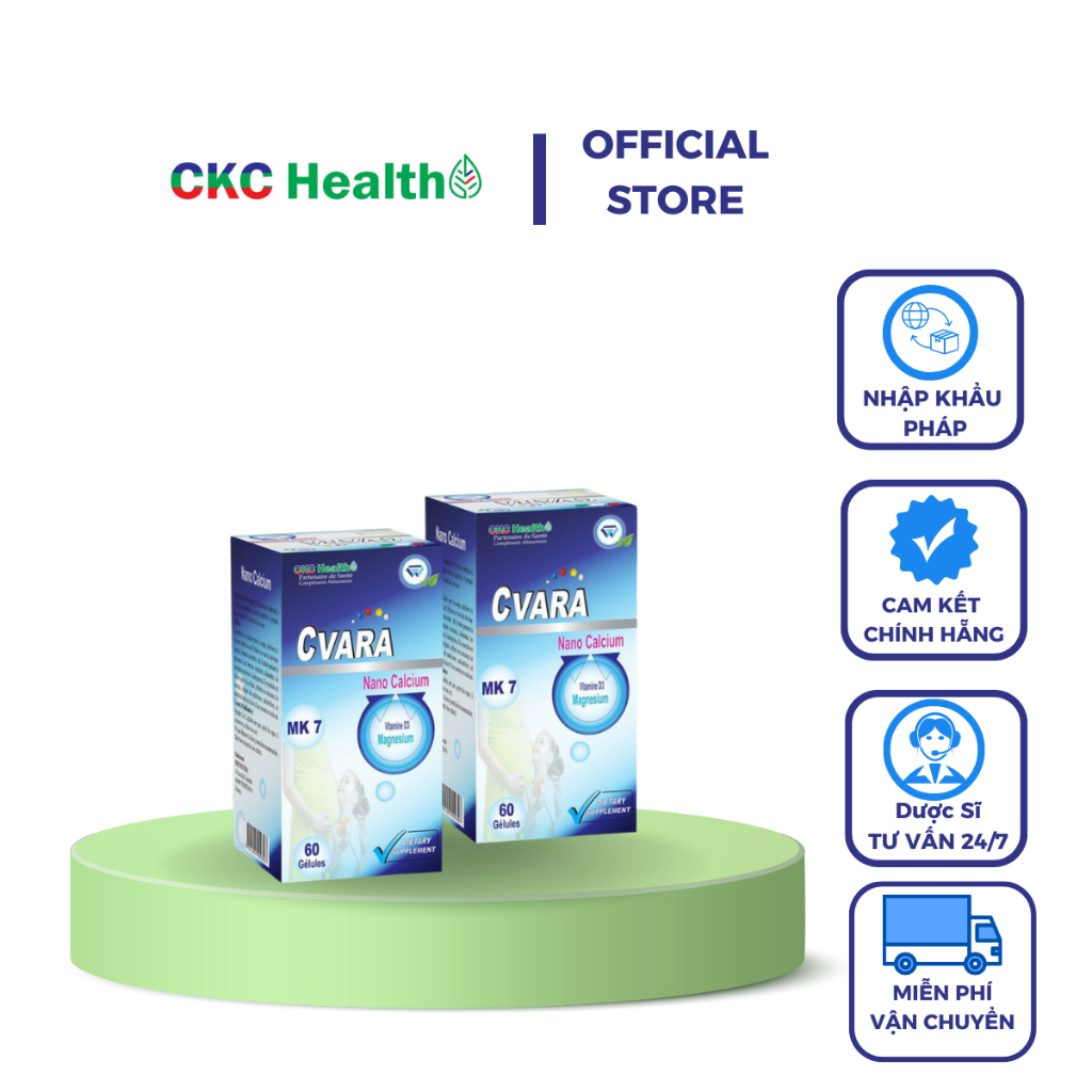 Combo 2 Hộp Canxi CVARA CKC Health Nhập khẩu PHÁP viên uống bổ sung Nano Calcium Carbonate &amp; magnesium + Vitamin D3,K2