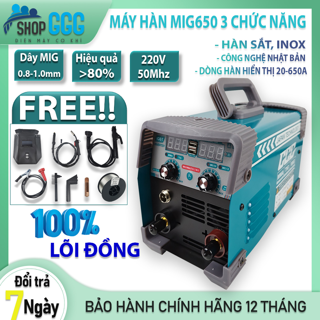 MÁY HÀN ĐIỆN TỬ 3 CHỨC NĂNG MIG/TIG/MMA MIG650 CHÍNH HÃNG |BẢO HÀNH 1 NĂM. HÀN SẮT, INOX, HÀN ĐIỆN TỬ