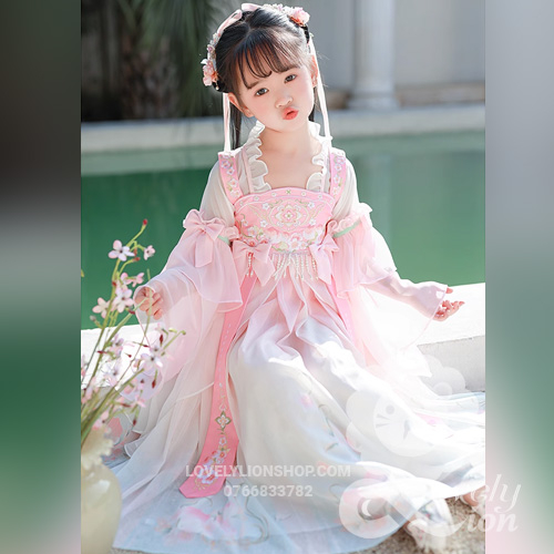 Hán phục màu hồng tay rộng cho bé gái+tặng kẹp tóc