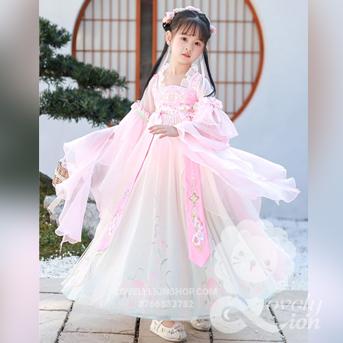 Hán phục màu hồng tay rộng cho bé gái+tặng kẹp tóc