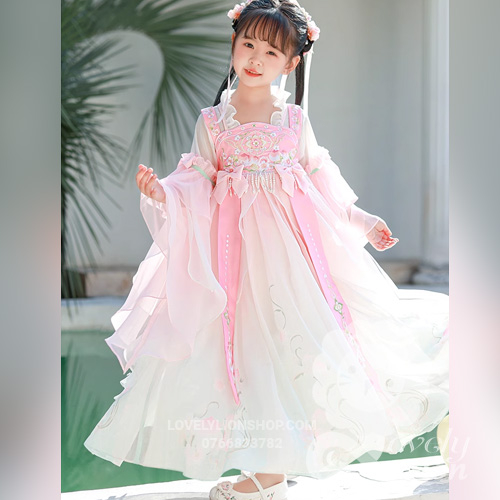 Hán phục màu hồng tay rộng cho bé gái+tặng kẹp tóc