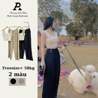 Set áo 2s ren mix quần xuông be, Áo 2 dây bản to mix dây nâu quần suông phong Cách hàn quốc,hàng QCCC 328