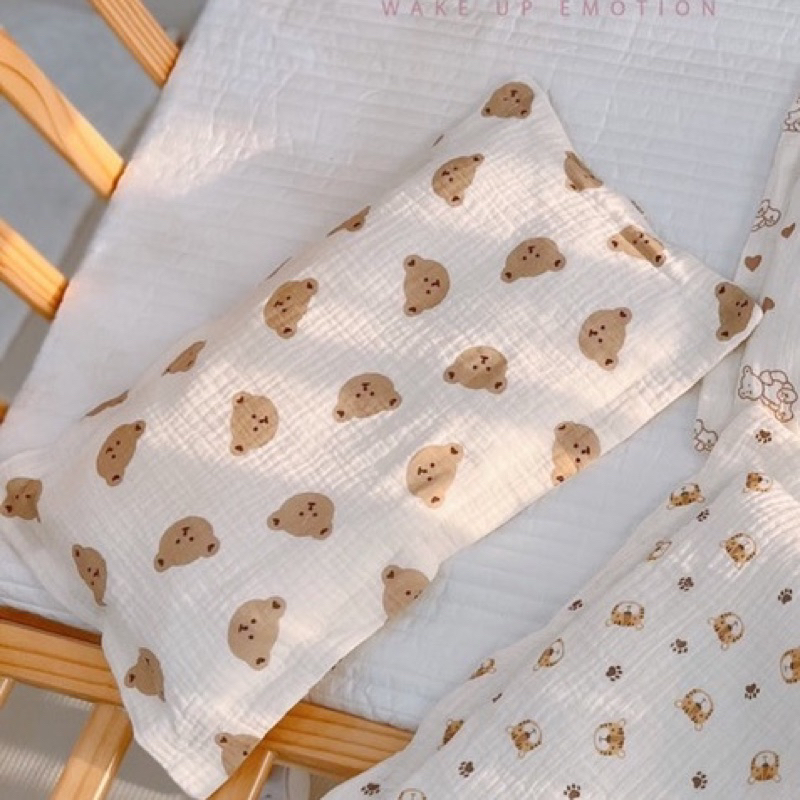 Gối bông xô Sơ sinh   musslin Boona size to - mẫu 2 lớp vỏ gối tháo giặt thoải mái