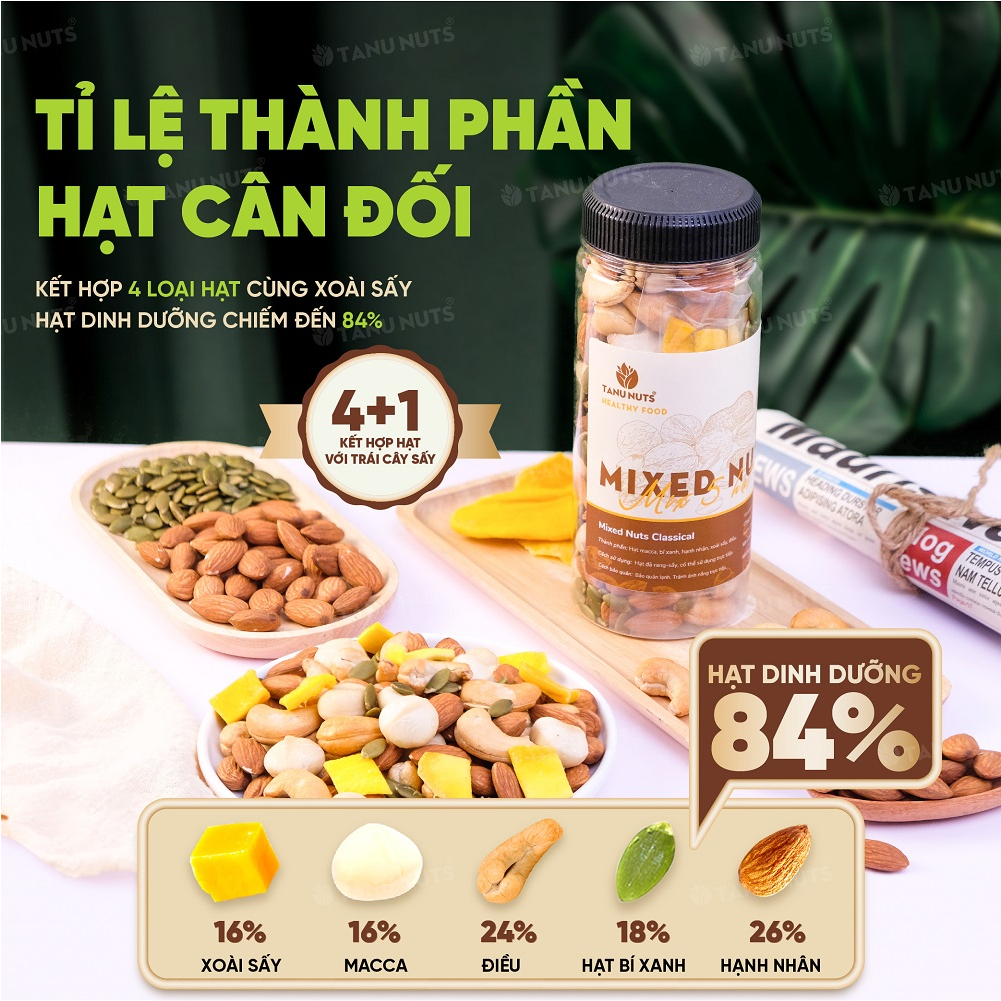 Hạt dinh dưỡng mix 5 loại TANU NUTS hũ 350g, hạt ngũ cốc dinh dưỡng cho bà bầu, ăn kiêng, giảm cân