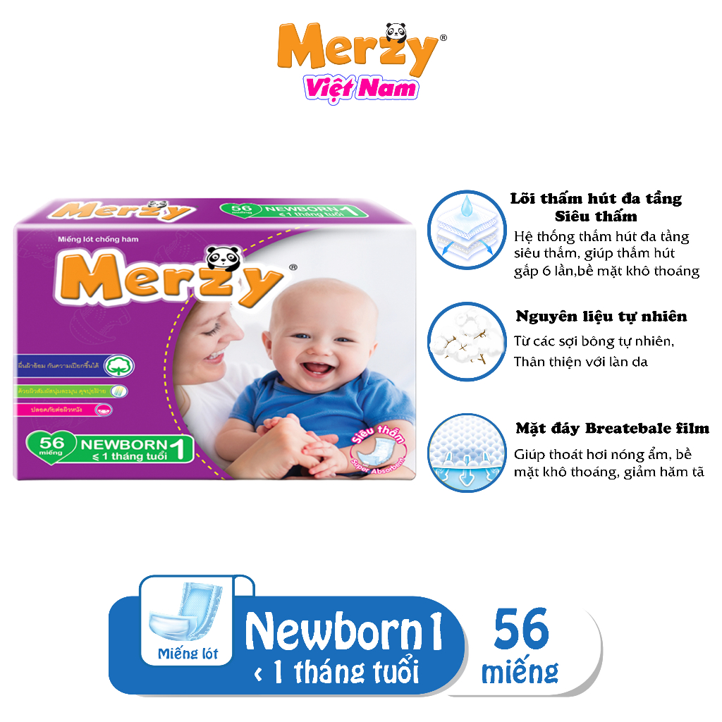 Miếng Lót Newborn Merzy Dành Cho Bé Mới Sinh Mềm Mịn Thoáng Khí Siêu Thấm Gói Lớn 56 Miếng